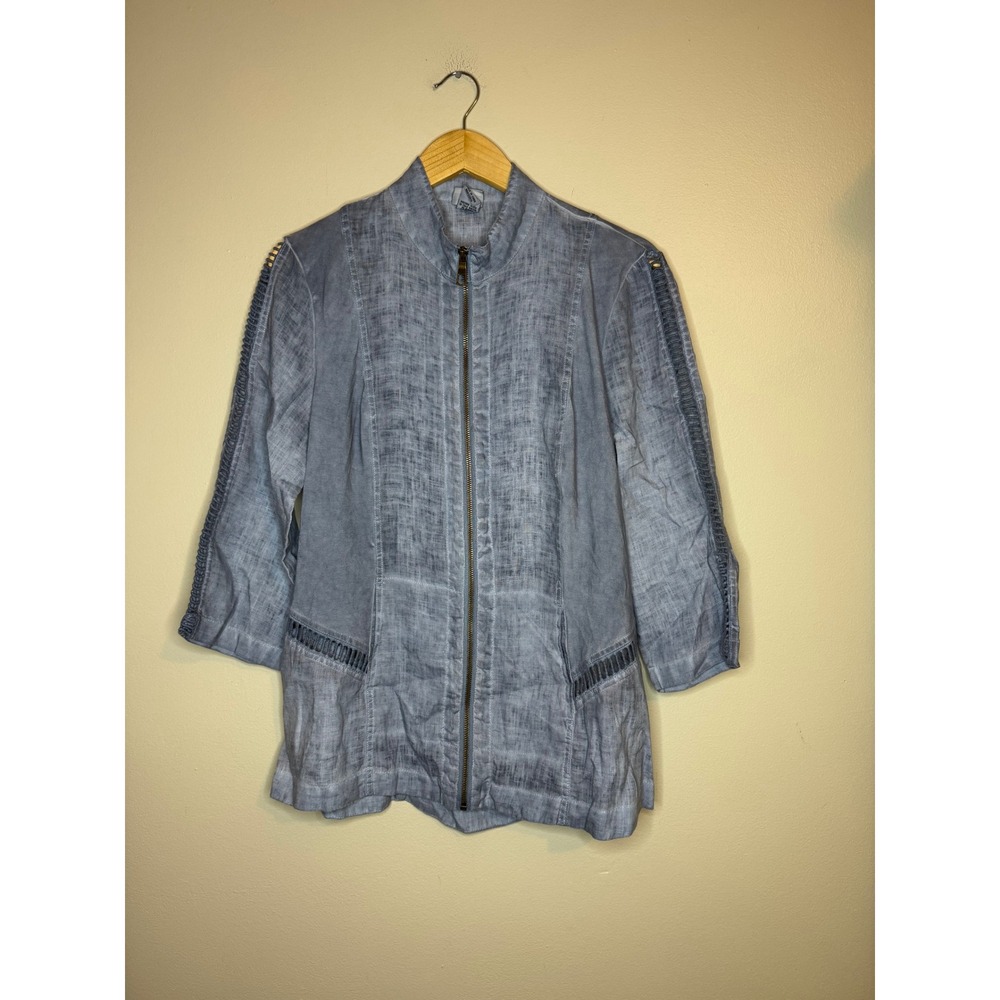 Mind Set by XCVI Blue Linen Blend Zip Up Jacket Ladder Stitch Detail Womens M